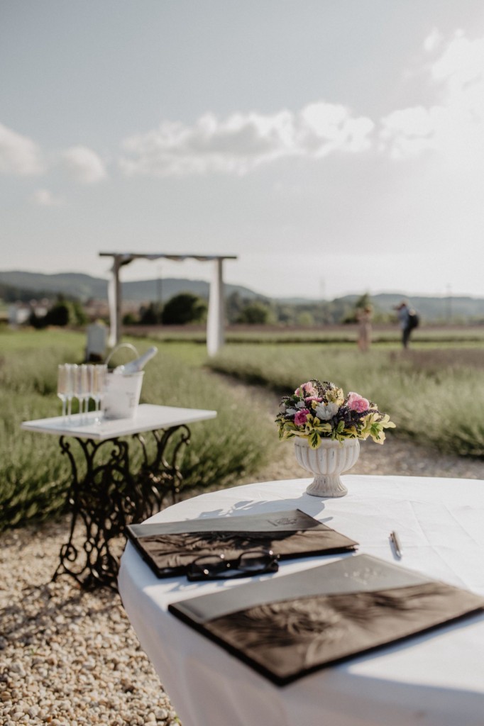 Outdoor wedding ceremony by the lavender field