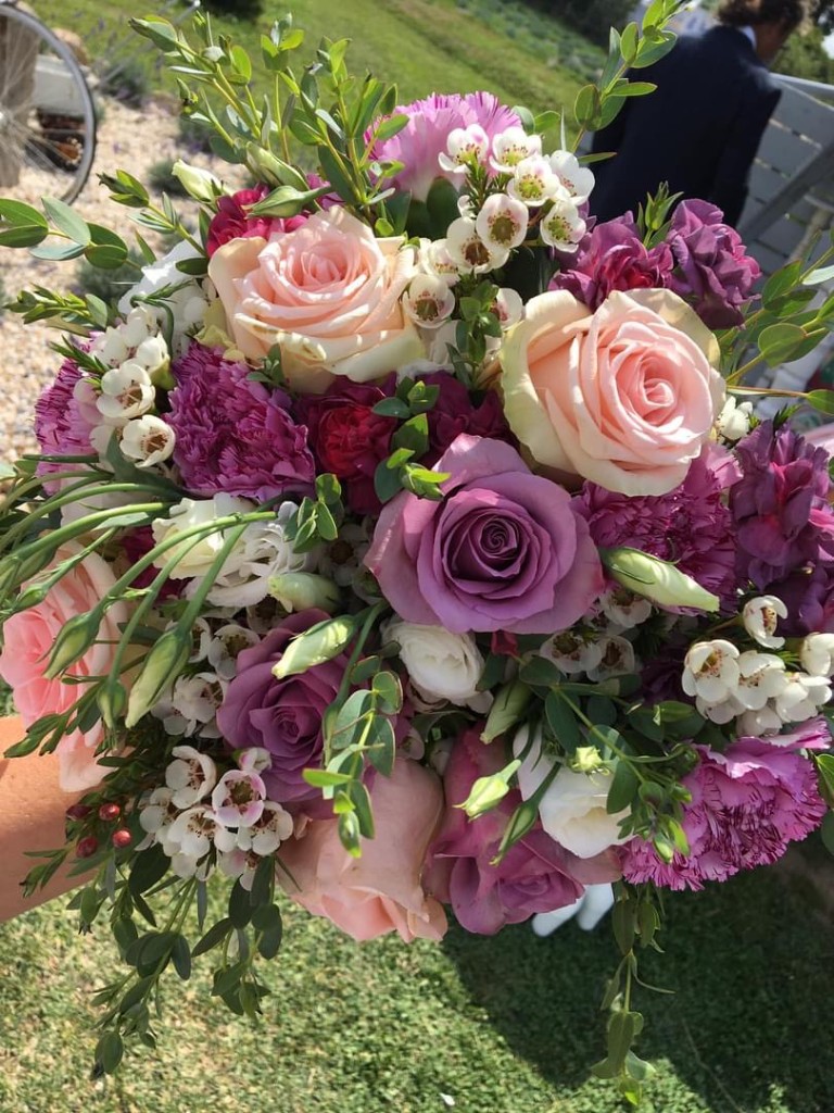 Bridal bouquet in lavender and peach tones